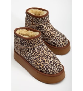 Mini Leopar Süet Yarım Bot içi Tüylü Düz Taban Kadın Ayakkabı (Karışık)