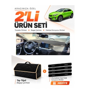 KİA X-CEED (2020-2025) Uyumlu Torpido Örtüsü + Tay Tüyü Bagaj Çantası + Sticker Seti - Siyah Bej