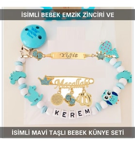Sahi Aksesuar İsimli Bebek Emzik Zinciri ve İsimli Bebek Künye Seti BEZYI756