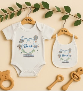 Pia Baby Premium %100 Pamuk İsme Özel Organik Baskılı Çıtçıtlı Bebek Body Ve Önlük 5019-20 (Ekru)