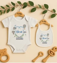 Pia Baby Premium %100 Pamuk İsme Özel Organik Baskılı Çıtçıtlı Bebek Body Ve Önlük 5019-20 (Ekru)