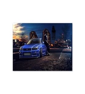 Ahşap Tablo Hızlı Ve Öfkeli Paul Walker Mavi Nissan (25x35 Cm Boyut)