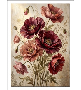 Bordo Gelincik Çiçekleri Vintage Tablo Dekoratif Kanvas - Mdf Ahşap Tablo