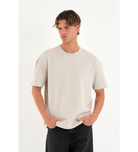 Blank Unisex Oversize Geniş Kesim Tişört %100 Pamuk Kalın Dokulu Bisiklet Yaka T-shirt (Taş)
