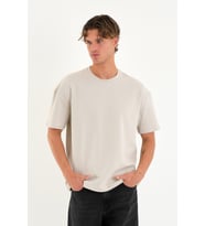Blank Unisex Oversize Geniş Kesim Tişört %100 Pamuk Kalın Dokulu Bisiklet Yaka T-shirt (Taş)