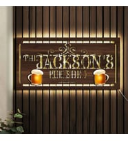 BK Gift Kişiye Özel Led Işıklı Ahşap Bar Tabelası(38x19cm)-22, Home Bar Tabela, Rustik Ev Dekorasyonu, Duvar Dekoru