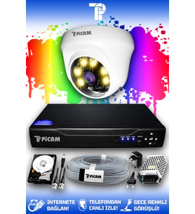 PICAM 1 Kameralı Dome 1 İç Kamera Set 2 TB HDD Full HD Renkli Gece Görüşlü Güvenlik Kamerası Sistemi
