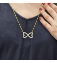Çift Kalp Ayar Gümüş Zirkon Taşlı Gold Kaplama Kolye (Karışık)