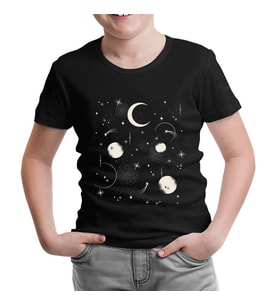 Night Sky with Moon and Stars Siyah Çocuk Tshirt