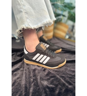 Unisex Ortopedik Spor Ayakkabı Şeritli Bağcıklı Alçak Düz Kaymaz Taban Hafif Yürüyüş Sneaker 1595 (Siyah - Beyaz)