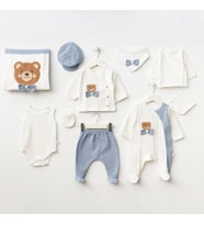 ERKEK BEBEK MİNİZEYN 0-3 AY AYICIK SÜZENELİ 10 LU SET (Bebe Mavisi)