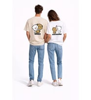 Sevgili Kombini Perfect Pair Ayıcık Baskılı Çift Tişört Oversize Unisex Partner Kombin Seti (Bej)