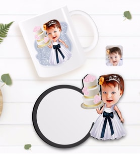 BK Gift Kişiye Özel Kız Çocuk Doğum Günü Karikatürlü Beyaz Kupa ve Ahşap Bardak Altlığı Hediye Seti-2