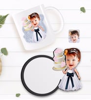 BK Gift Kişiye Özel Kız Çocuk Doğum Günü Karikatürlü Beyaz Kupa ve Ahşap Bardak Altlığı Hediye Seti-2