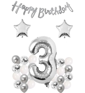 Konsept Doğum Günü Kutlama Seti Beyaz Gümüş Konfetili Balon Rakam Yıldız Folyo Ve Banner