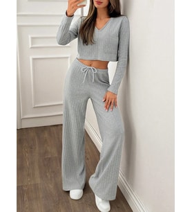 Kadın Uzun Kol Beli Lastikli Yüksek Bel V Yaka İkili Crop Takım