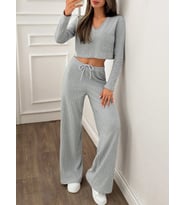 Kadın Uzun Kol Beli Lastikli Yüksek Bel V Yaka İkili Crop Takım
