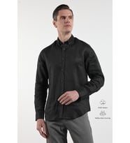 Siyah Keten Düğmeli Yaka Uzun Kol Cepsiz Slim Fit %100 Keten Gömlek 1004260161