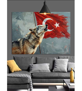 Türk Bayrağı Önünde Uluyan Kurt Dekoratif Kanvas - Mdf Ahşap Tablo
