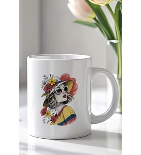 Vintage Stil Kadın Figürlü Çiçek Desenli 330ml Baskılı Beyaz Seramik Kupa Bardak