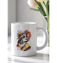 Vintage Stil Kadın Figürlü Çiçek Desenli 330ml Baskılı Beyaz Seramik Kupa Bardak