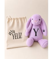 Kişiye Özel İsimli Peluş Tavşan ve Kese Seti - Lila