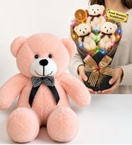 Kişiye Özel Yazılı Krem Renkli LED Işıklı Peluş Ayıcık Buketi ve 50 cm Pembe Peluş Ayıcık Hediye Seti