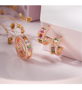 Mix Taşlı Baget Tamtur Gümüş Set Yüzük ve Küpe