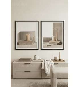 Sakin İskandinav Kitap ve Mum Temalı Minimalist 2’li Ahşap Çerçeveli Tablo Seti