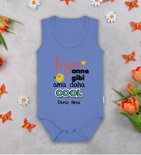 BK Kids Kişiye Özel Teyze Anne Gibi Mavi %100 Pamuklu Askılı Sıfır Kol Bebek Body Zıbın, Yeni Doğan Bebek Hediyesi