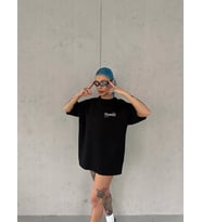 Kadın Bisiklet Yaka Baskılı kısa kol Oversize T-Shirt - Siyah