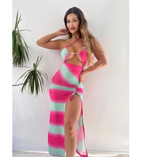 Pembe Yeşildegrade Desen Derin Yırtmaçlı Göğüs Dekolteli Midi Elbise
