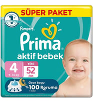 Prima 4 Beden Aktif Bebek Bezi Süper Paket 52 Adet