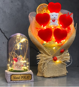 Size Özel Hediye Işıklı Kırmızı Kalp Buketi ve Led Işıklı Unicornlu Fanus