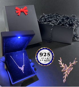 Işıklı Kutusunda 925 Ayar Gümüş Kelebek Kolye ve Siyah Hediye Kutusu