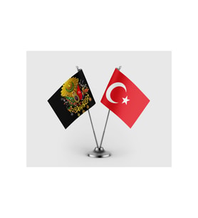 Osmanlı Arması Siyah ve Türk Bayrağı İkili Saten Masa Bayrağı Takımı