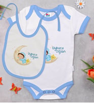 BK Kids Uykucu Oğlan Tasarımlı Mavi Bebek Body Zıbın ve Mama Önlüğü Hediye Seti-1
