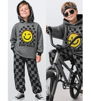 Erkek Çocuk Eşofman Takım Damalı Kalın Kapüşonlü Sweatshirt Eşofman Altı