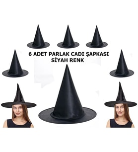 Siyah Renk Parlak Dralon Cadı Şapkası Yetişkin Ve Çocuk Uyumlu 6 Adet
