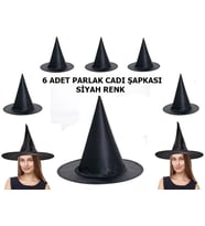 Siyah Renk Parlak Dralon Cadı Şapkası Yetişkin Ve Çocuk Uyumlu 6 Adet