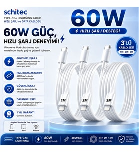 ScHitec 3 Paket 3A 60W Type-C to Lightning Hızlı Data ve Şarj Kablosu 1 Metre / 2 Metre / 3 Metre Beyaz SX253P