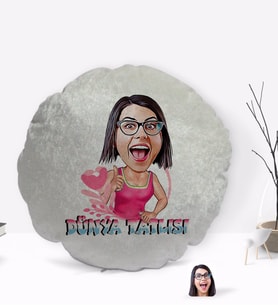 BK Gift Kişiye Özel Dünya Tatlısı Karikatürlü Yuvarlak Dekoratif Kırlent Yastık-1