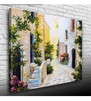Taş Evler Ve Çiçekli Yol Yağlıboya Kanvas Tablo 50 x 70