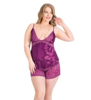 Amora Secret Büyük Beden Mor Saten Babydoll Şort Takımı
