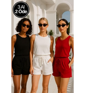 Kadın 3'lü Paket Siyah-Beyaz-Kırmızı Rahat Kesim Yumuşak Kumaş Beli Lastikli Yazlık Cepli Mini Şort