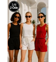 Kadın 3'lü Paket Siyah-Beyaz-Kırmızı Rahat Kesim Yumuşak Kumaş Beli Lastikli Yazlık Cepli Mini Şort