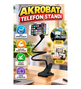 Mandallı Akrobat Telefon Tutucu – 360° Döner Başlık Masa ve Araç İçi Kullanım