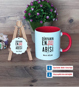 Abiye Hediye Kupa Bardak Kırmızı ve Ahşap Anahtarlık Hediye (Model 1)