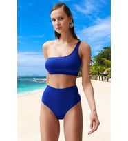 Kadın Bikini Takımı Tek Omuz Üst Kolsuz Yüksek Bel Hipster Alt Balensiz Düz Renk Örme Kumaş Regular