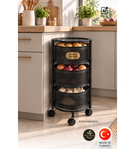 River World Tekerlekli Rengi Siyah Açılabilen 3 Katlı Çok Amaçlı Metal Raf Mutfak, Balkon, Kiler
